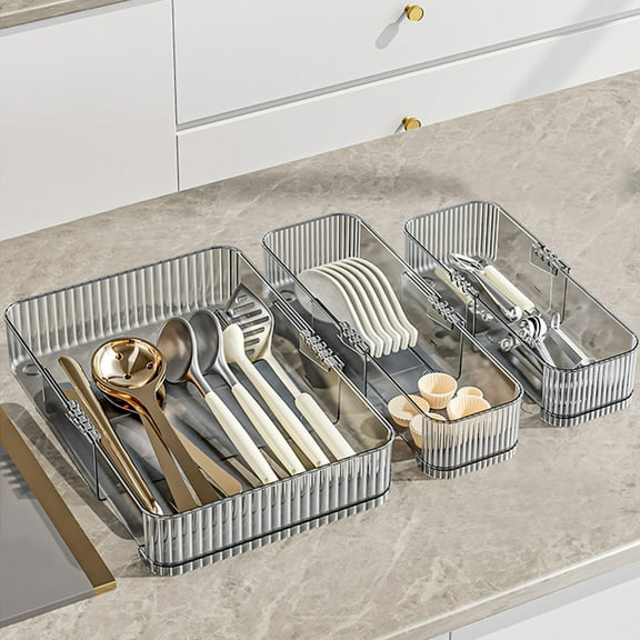 Kitchen Drawer Storage Box, Retractable Partition Tableware Organizer, Clear Plastic, Adjustable Dividers, Modern Minimalist, Office Home Use, Utensils Plates Storage, Kitchenware Organizer TOPLIU