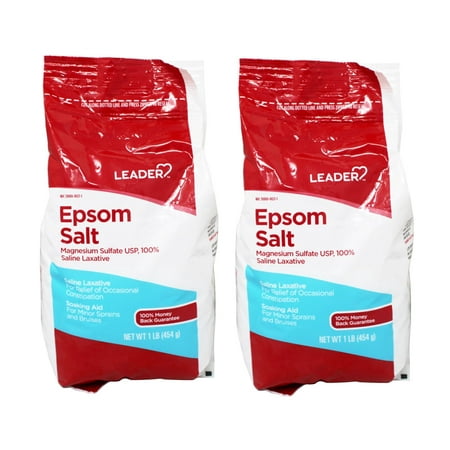 LEADER Epsom Salt Soaking Aid, Magnesium Sulfate Saline Laxative, Ideal for Relaxation, Muscle Recovery, Resealable Bag, 1 lb - 2 Pack