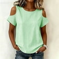 thumbnail image 4 of ClodeEU Women's Cold Shoulder Striped Blouse,Round Neck Short Sleeve T-Shirt for Summer Green,Women's Plus L, 4 of 8