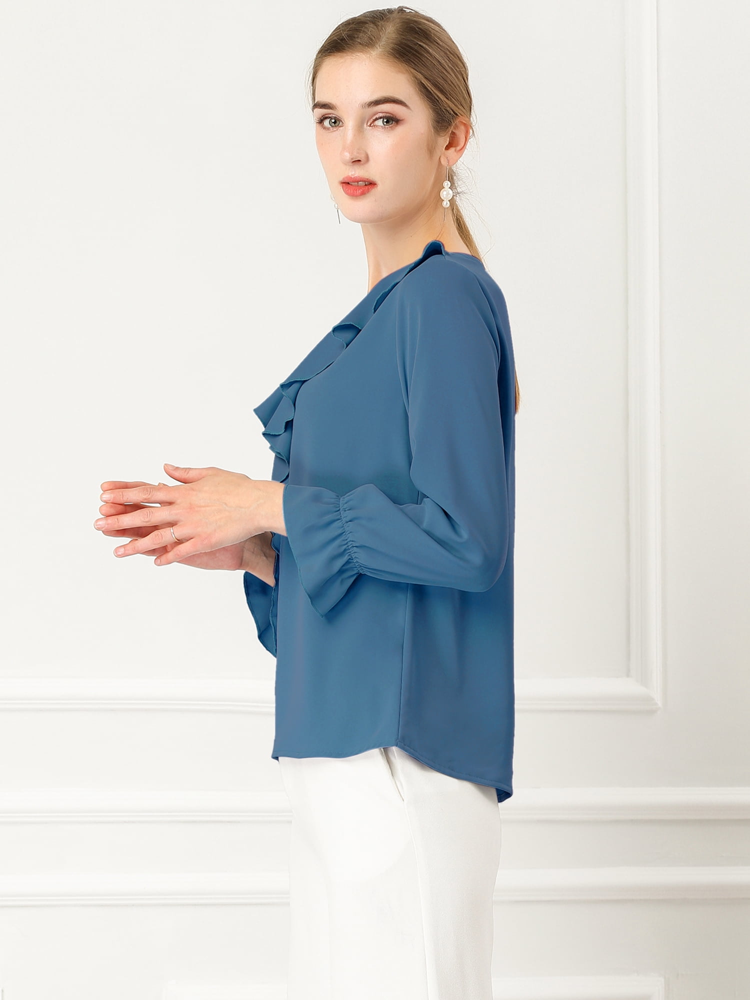 DARING DIVA Women's Ruffle V Neck Chiffon Peasant Blouse 3XL Dusty Blue