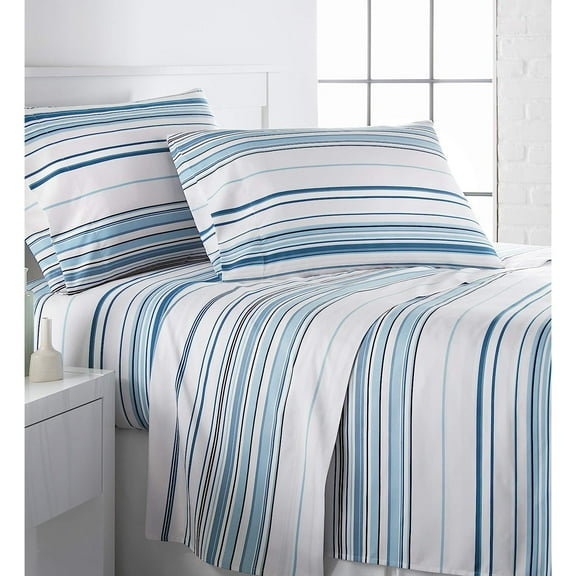 Bilot Coastal Stripes Collection, 4-Piece, 14-Inch Deep Pocket Sheet Set, Easy Care, Shrinkage Free Sheet Set with 1 Flat Sheet, 1 Fitted Sheet, 2 Pillowcases, Blue, Queen