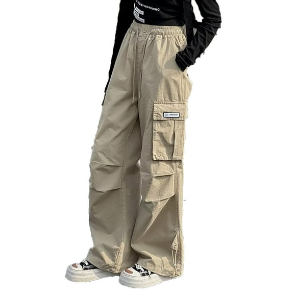 Girls Cargo Pants Elastic Waist Baggy Joggers Sweatpants Loose Trousers (Khaki 6-7 Years)