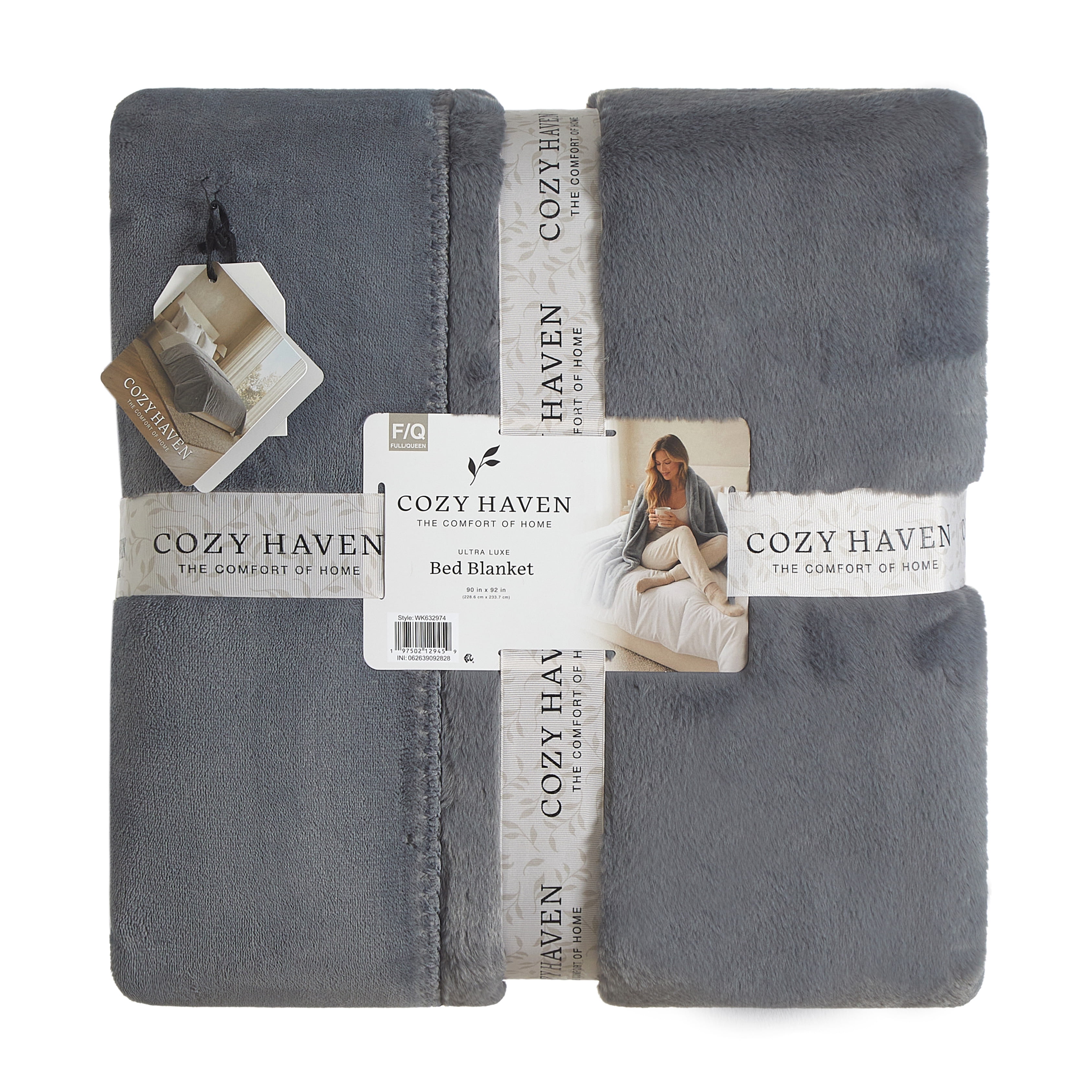 Cozy Haven Luxury Reversible Faux Fur Bed Blanket, Grey, Queen, 90 x 92 in