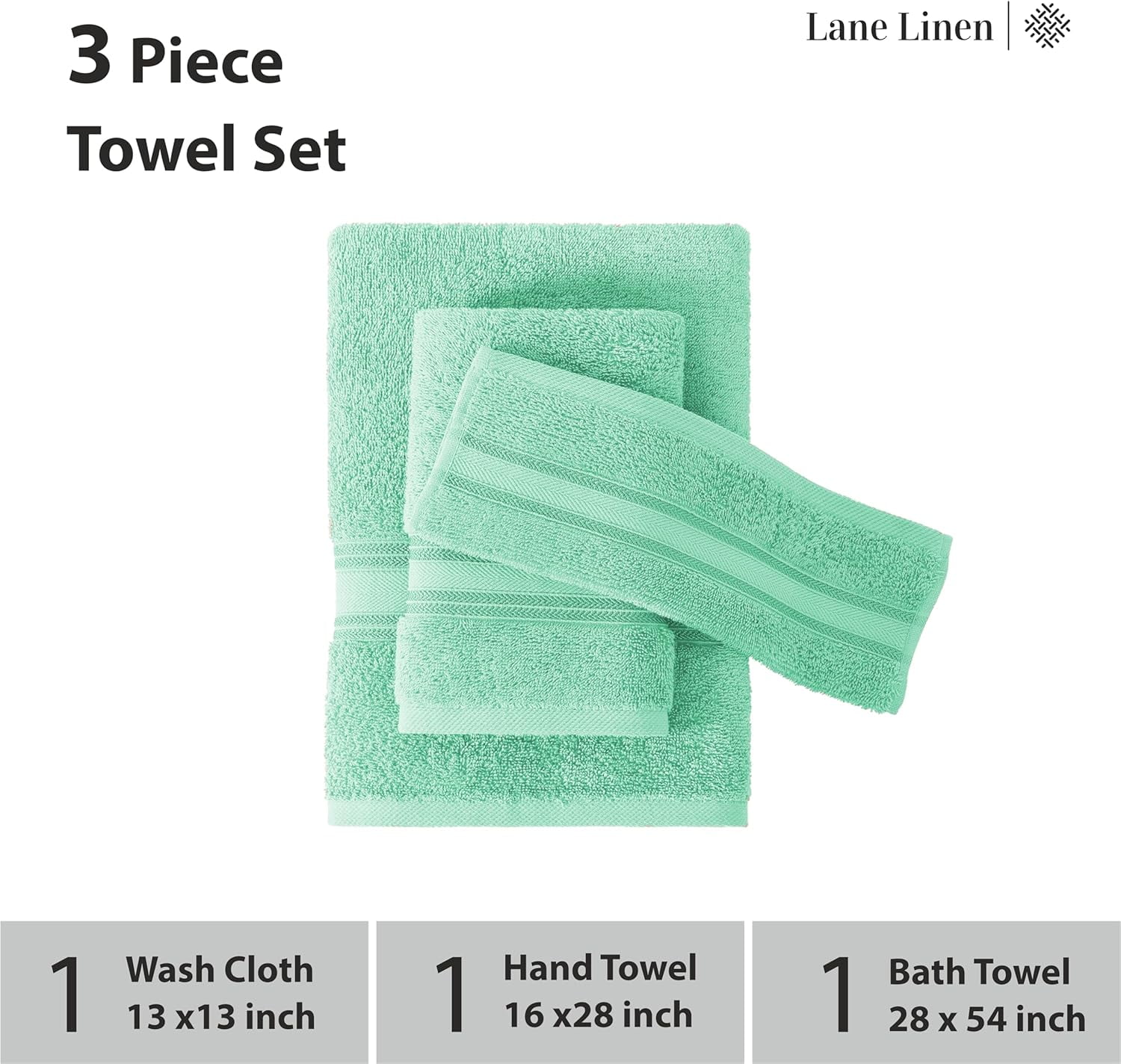 Luxury Bath Towels Set - 3 Piece Set, 100% Cotton Bathroom Towels, Zero Twist, Quick Shower Towels, Absorbent Bath Towel, Super Soft, 1 Bath Towel, 1 Hand Towel, 1 Wash Cloths - Aqua Sky
