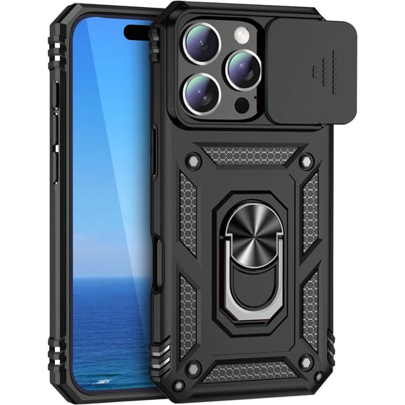 KOMI Kickstand Case for iPhone 16 Pro, iPhone 16 Pro Case with Slide Lens Cover & Built-in 360° Rotate Ring Stand Magnetic Magnet Protective 16Pro Phone Cover Case for iPhone 16 Pro Black