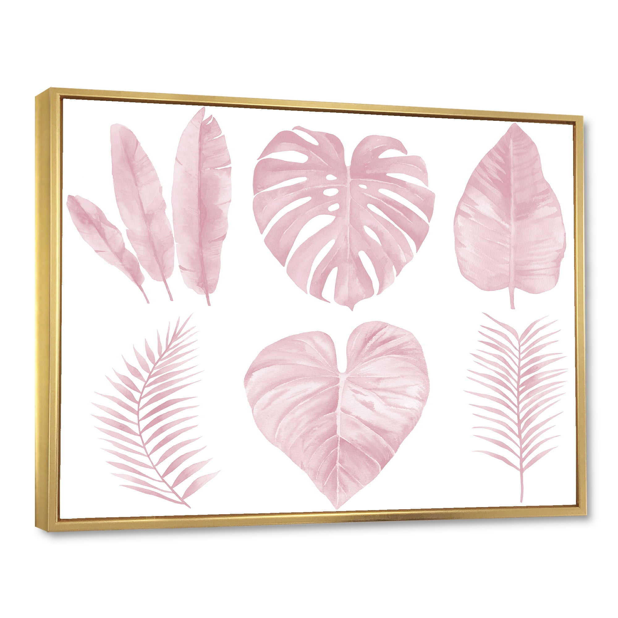 Designart 'Tropical Pink Watercolour Leaves On White I' Shabby Chic Framed Canvas Wall Art Print