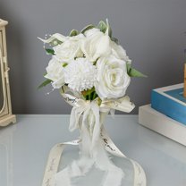 Wedding Bouquets For Bride White,White Champagne Artificial Roses Flowers Wedding Bouquet Bridesmaid，Bridesmaid Holding Flowers For Wedding Church Decoration