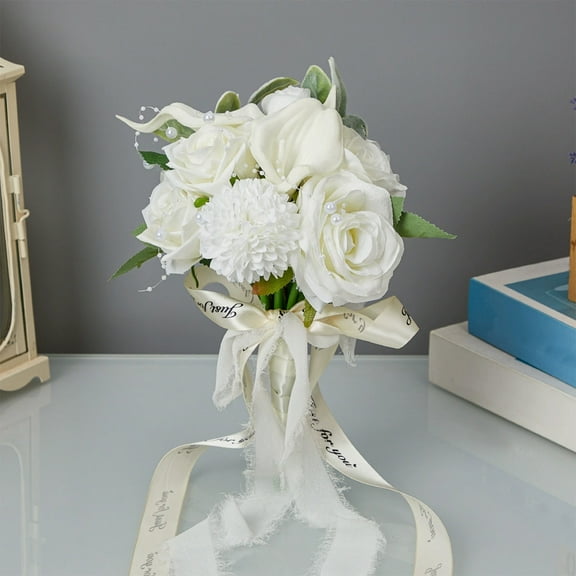 Wedding Bouquets For Bride White,White Champagne Artificial Roses Flowers Wedding Bouquet Bridesmaid，Bridesmaid Holding Flowers For Wedding Church Decoration