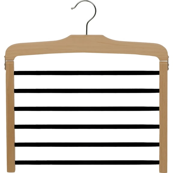 Wooden 6 Tier Pant Hanger with Black Velvet Non-Slip Bars, Wood Bottom Hanger with Natural Finish and Chrome Swivel Hook (Set of 1)