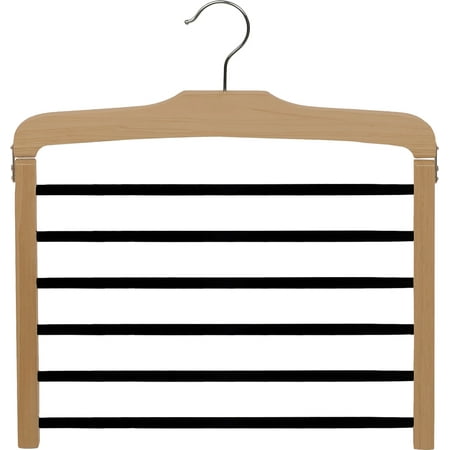 Wooden 6 Tier Pant Hanger with Black Velvet Non-Slip Bars, Wood Bottom Hanger with Natural Finish and Chrome Swivel Hook (Set of 1)