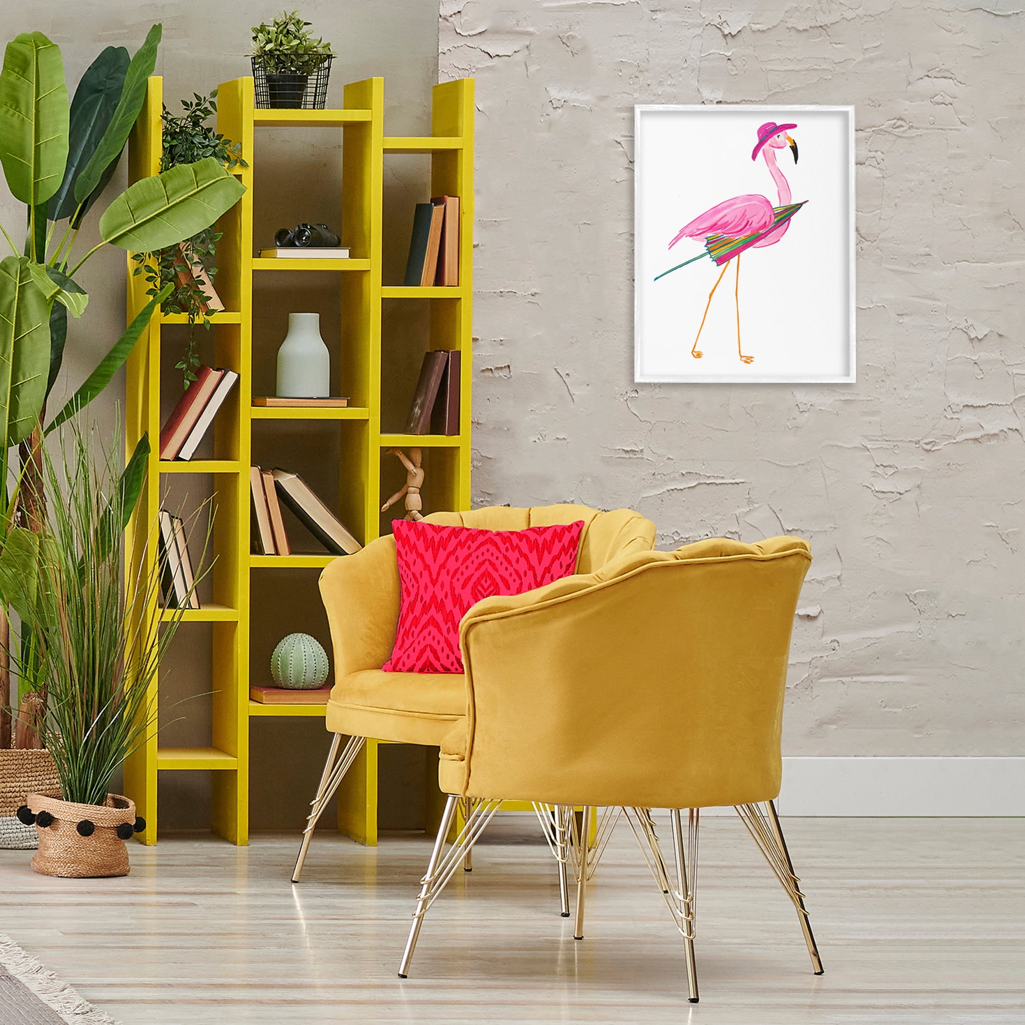 Stupell Industries Flamingo with Beach Umbrella Animals & Insects Painting White Framed Art Print Wall Art, 16 x 20