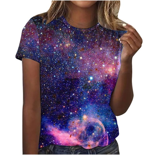 Penkiiy Chemise Imprimée Galaxie, Mode Décontractée Printemps et Été 2024 pour Femmes, T-Shirt à Manches Courtes Col Rond Imprimé Ciel 3TG Bleu