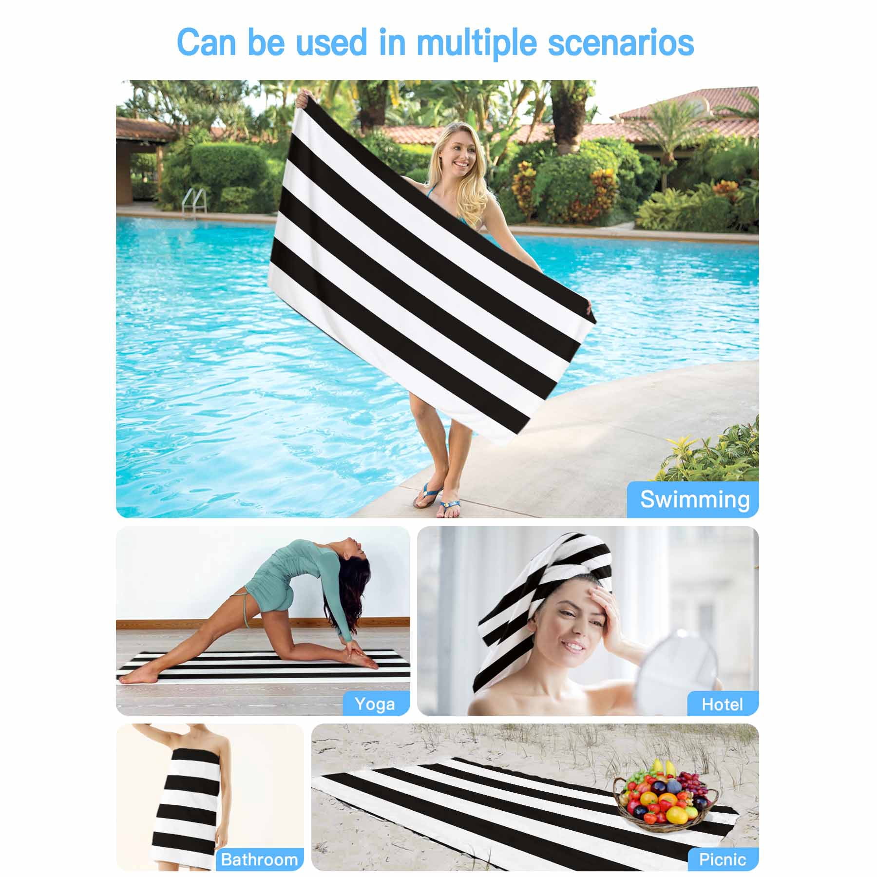 Black And White Wide Striped Beach Towels Blanket Soft&Absorbent Quick Dry Microfiber Geometric Pool Towels for Swimming ,Yoga, Sports, Gym, Camping,Large 35X70in,