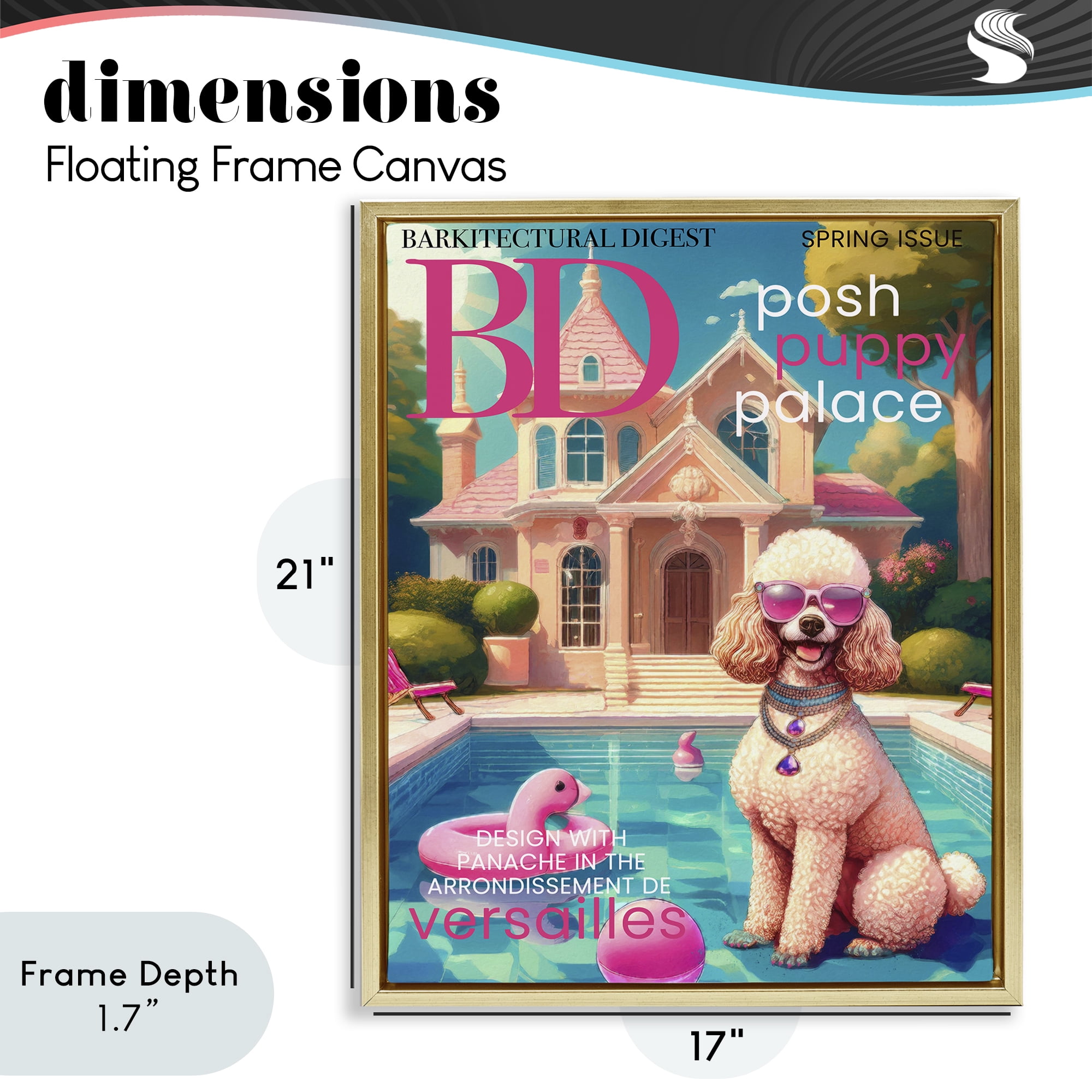 Stupell Industries Poodle Magazine Parody Gold Framed Floater Canvas Wall Art, design by Grotto Studios