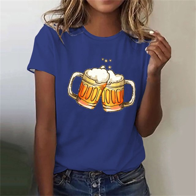Fiudx Liquidación de Ahorros de Verano Mujer Verano Sexy Oktoberfest Estampado Cuello Redondo Regular Mujeres Manga Corta Top