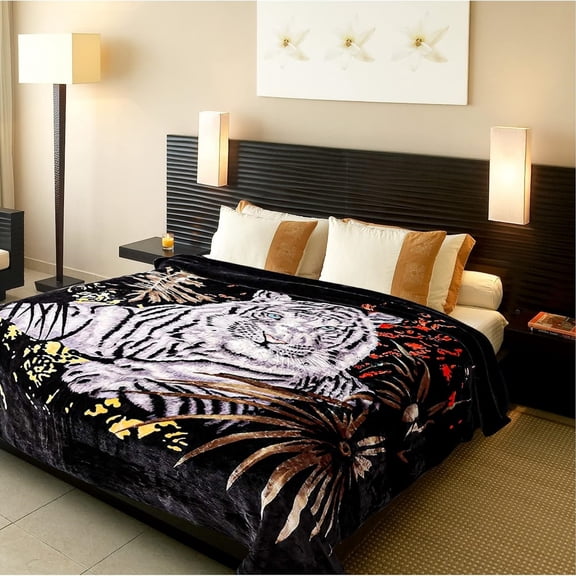 5.3 lbs White Tiger Blanket Queen Size Heavy Thick Warm for Family and Friends - Korean Mink Blanket (75" x 90"), San Marcos Mexican Blankets