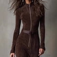 thumbnail image 3 of Women’s Brown Suede Maxi Dress High Neck Long Sleeve Slim Fit Dress with Front Zipper Leather Belt and Front Slit, 3 of 4