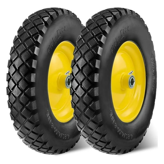 Wheelbarrow Tires 4.80 4.00-8 Flat-Free Tire and Wheel 16 Inch Solid Tires w/Grease Fitting, 3" Centered Hub, 3/4" Bearings, 4.80 4.00-8 Tire for Hand Truck Trolley Garden Cart Wagon, Yellow