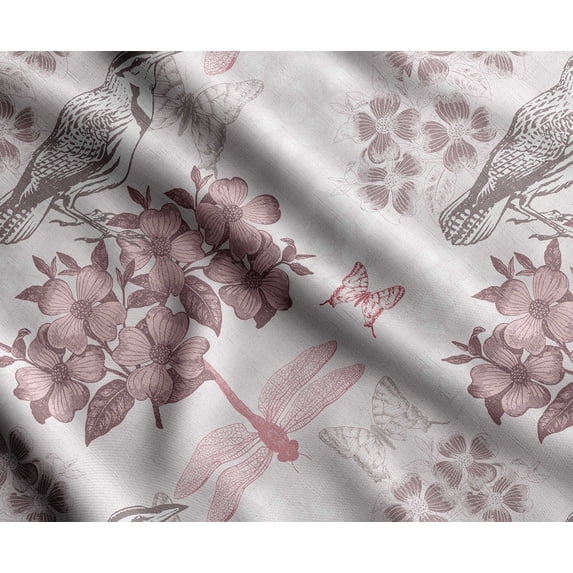 Soimoi Bird & Flowers Print, Silk Fabric, Decor Sewing Fabric by The Yard 42 Inch Wide,Decorative Fabric for Shirts Suits Ties, Pink