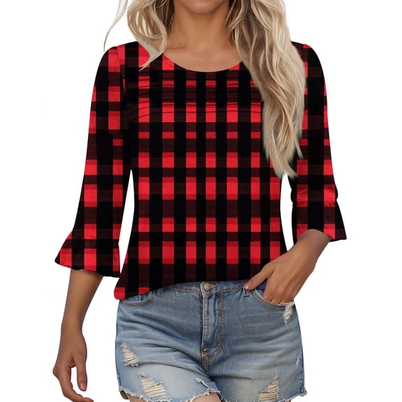 fatyb Womens Summer Tops Ruffle 3/4 Length Sleeve Round Neck Shirts Pleated Casual Loose Tunic Blouses