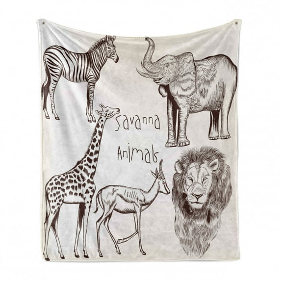 Safari Soft Flannel Fleece Throw Blanket, Composition of Tropic Wild Savannah Animals Lion Giraffe Zebra Graphic, Cozy Plush for Indoor and Outdoor Use, 70" x 90", Cream Brown, by Ambesonne