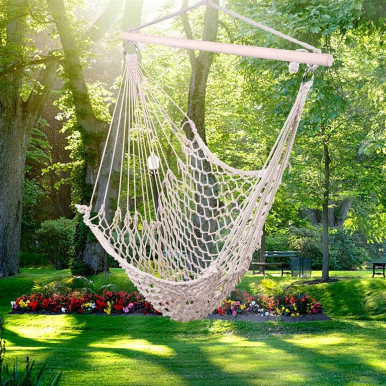 Hammock Net Chair Cotton Rope Cradle Chair with Wood Stretcher for Yard, Bedroom, Porch, Beach, Indoor, Outdoor Capable of 250lbs, Beige