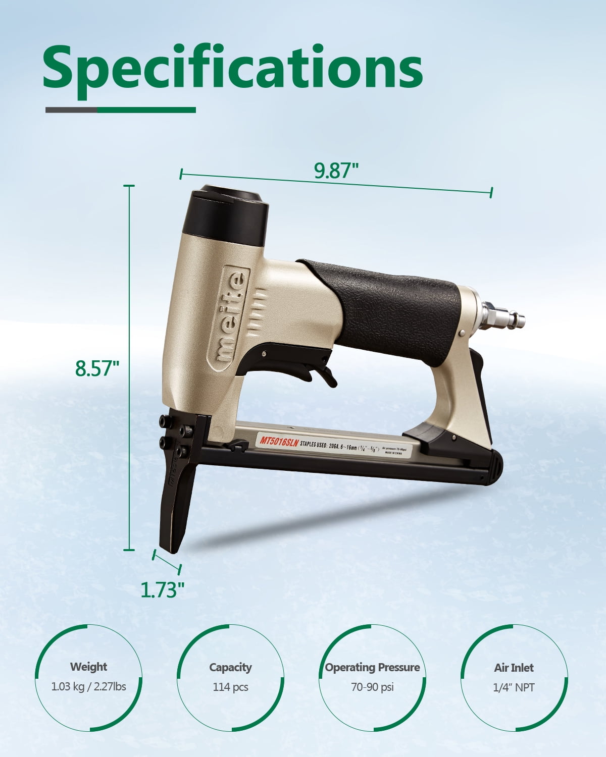 meite MT5016SLN Long Nose Pneumatic Upholstery Stapler Air Staple Gun with Safety Trigger, Uses 20 Gauge 50 Series Staples