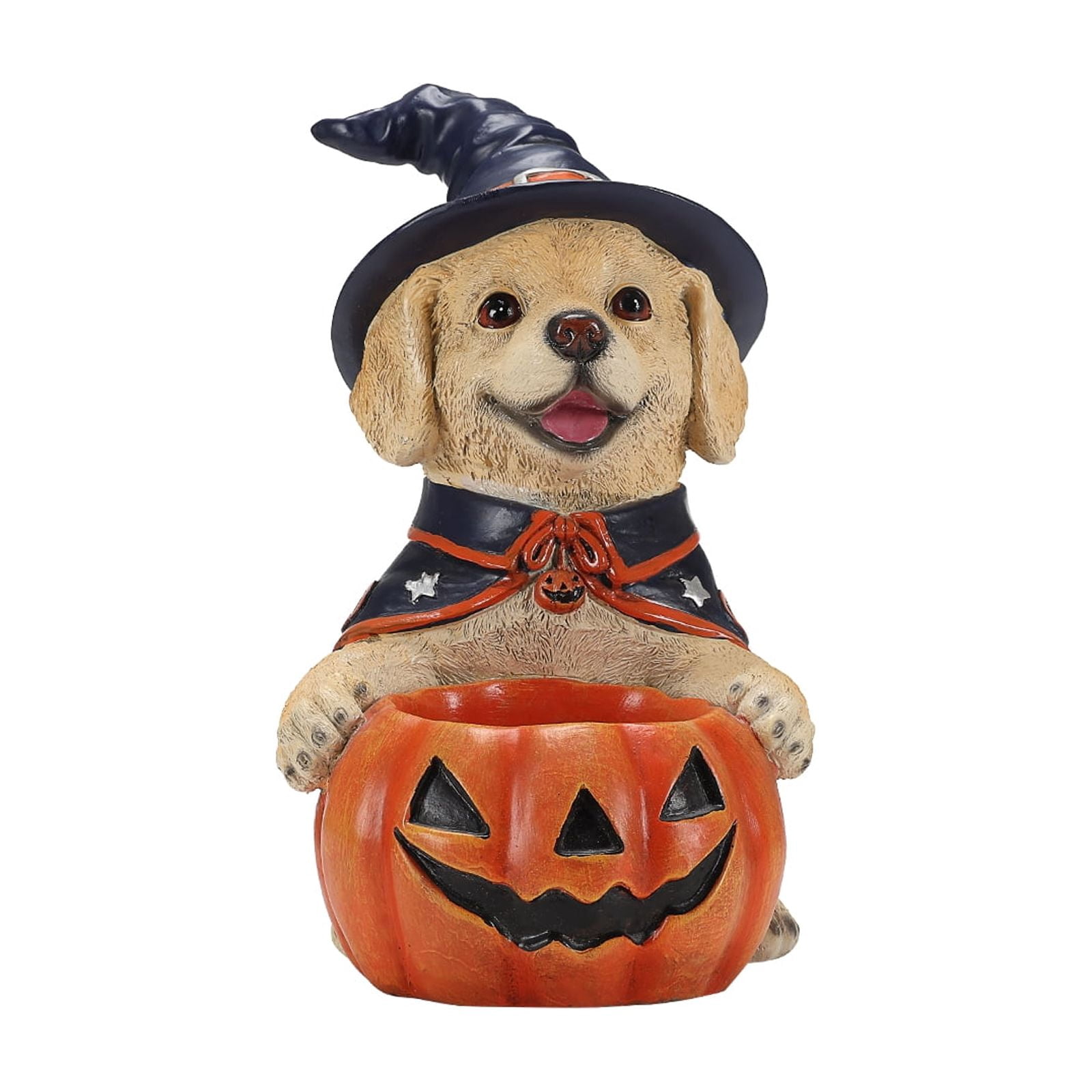 Labrador Puppy Witch Halloween Candy Bowl with Pumpkin Holder Resin Tabletop Decor