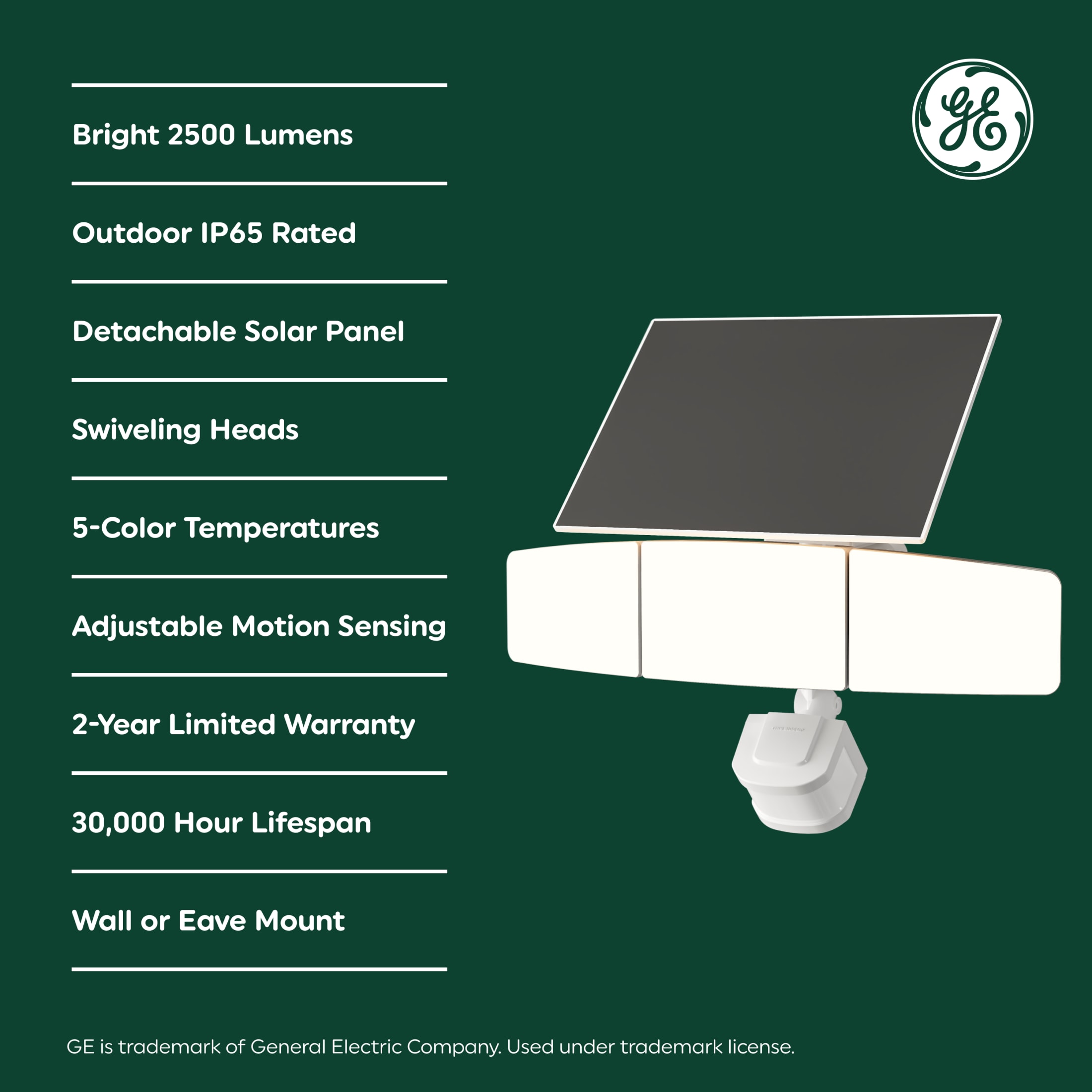 GE 3-Head Solar Security Light, 2500 Lumens, Motion Sensor photo 4