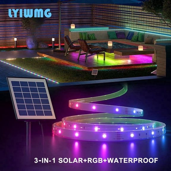 Solar RGB Strip Lights Outdoor Waterproof IP65, 16ft Rainproof Outdoor LED Strip, No Wiring Needed for Patio Garden