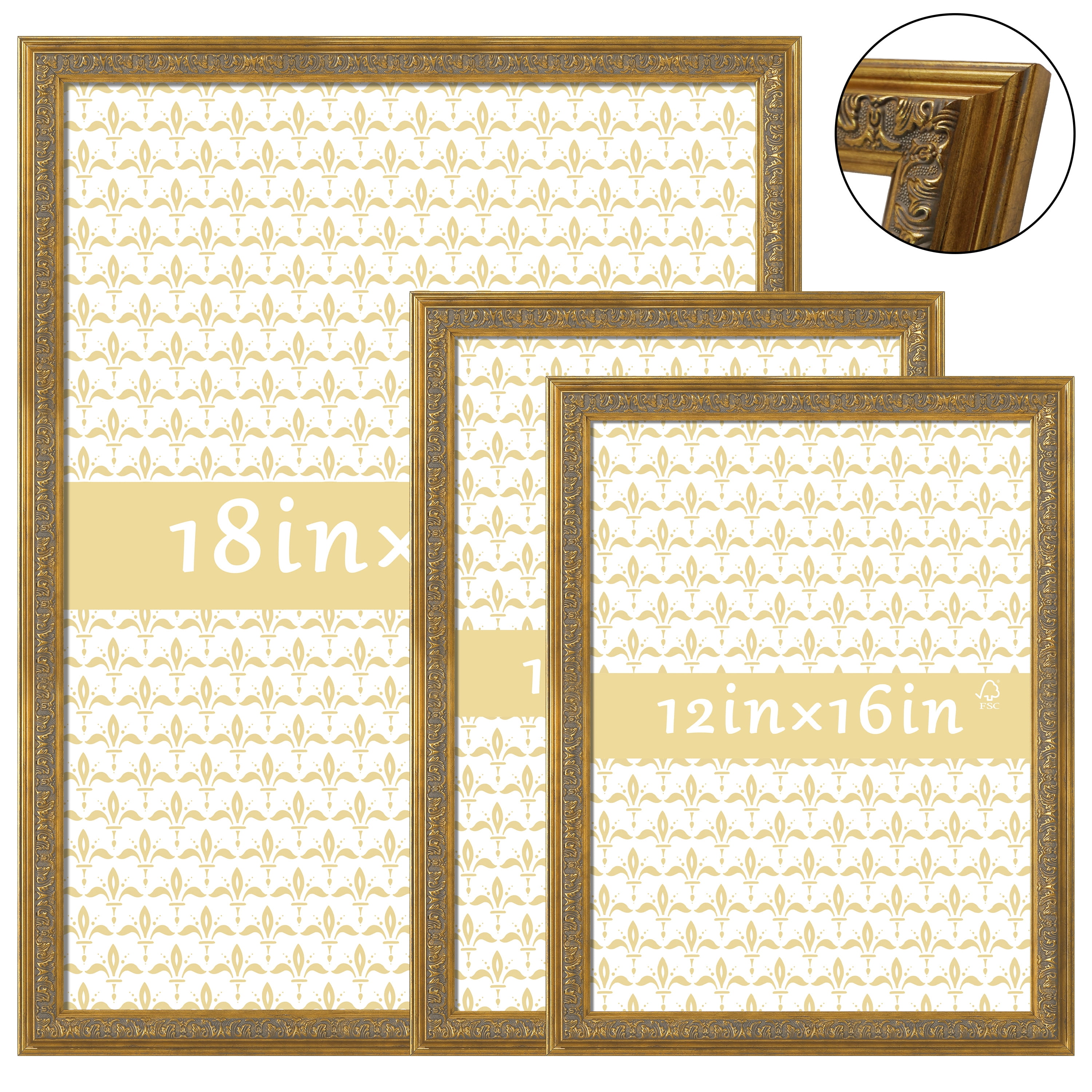 12x16 Picture Frame - Gold Vintage Frames for Tabletop or Wall Hanging