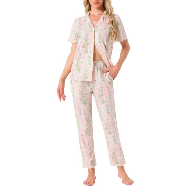 INSPIRAR CHIC Conjunto de Pantalones de Manga Corta con Botones de Tencel con Patrón Floral y Lavado de Tinta, con Bolsillos, Talla XL, Rosa