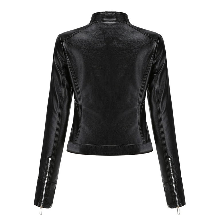 KaLI_store Leather Jackets for Women Women's Leather Jackets Zip Up  Motorcycle Short PU Moto Biker Outwear Fitted Slim Coat Black,XXL