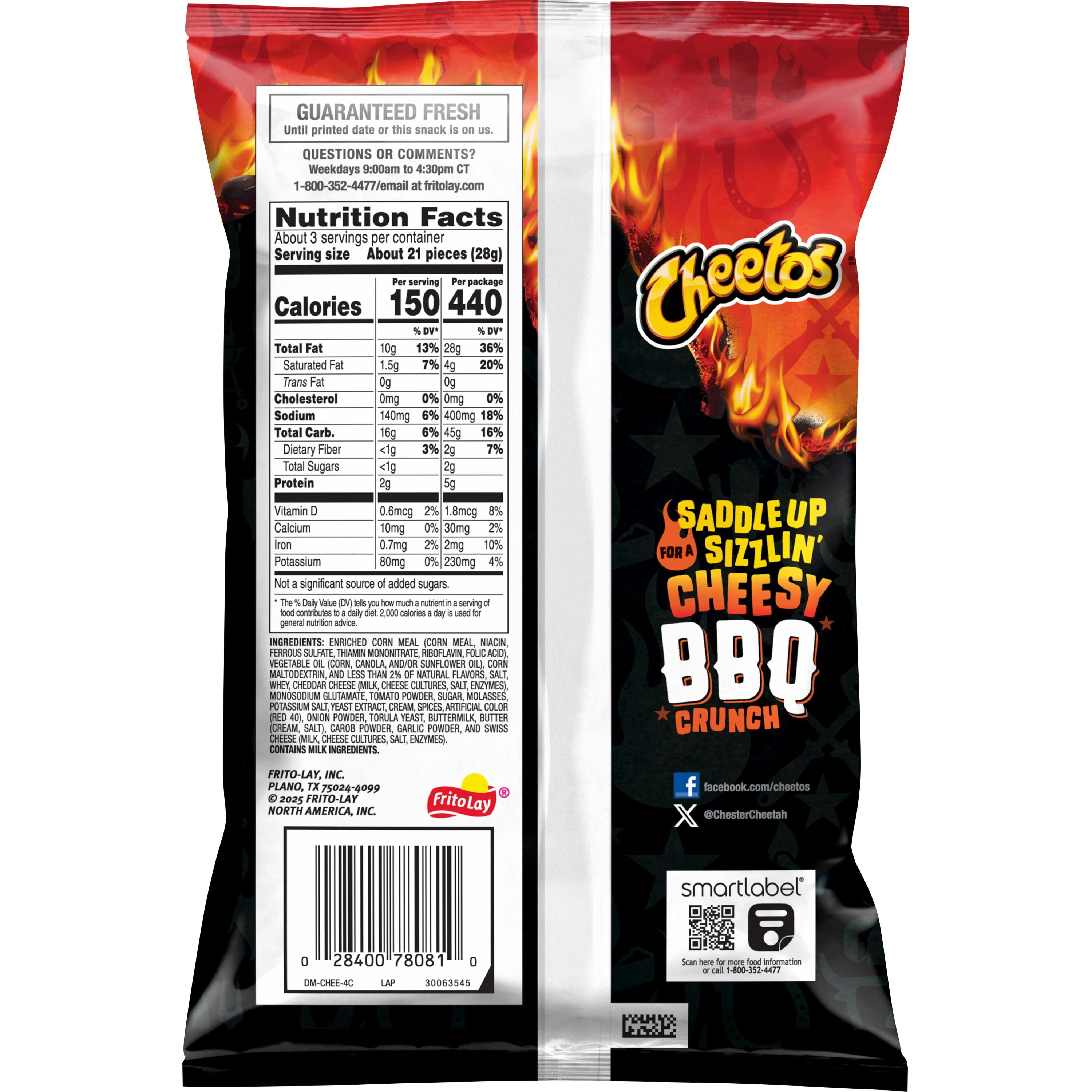 Cheetos Cheese Flavored Snacks Flamin Hot Cheddar BBQ Flavored 2.875 Ounce Bag