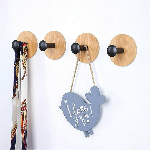 4 Pack (black) Self Adhesive Hooks, Bamboo Robe Hooks Reusable Seamless Hooks, Heavy Duty Adhesive Hooks, Hooks For Bedroom, Kitchen, Bathroom