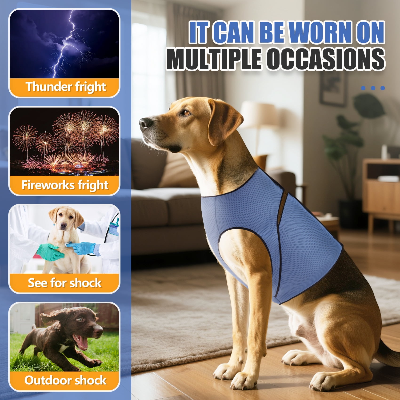 Amztom Dog Anxiety Vest – Calming Jacket for Thunder, Fireworks & Vet Visits,  Adjustable Fit for Small to Large Dogs (Blue, M)