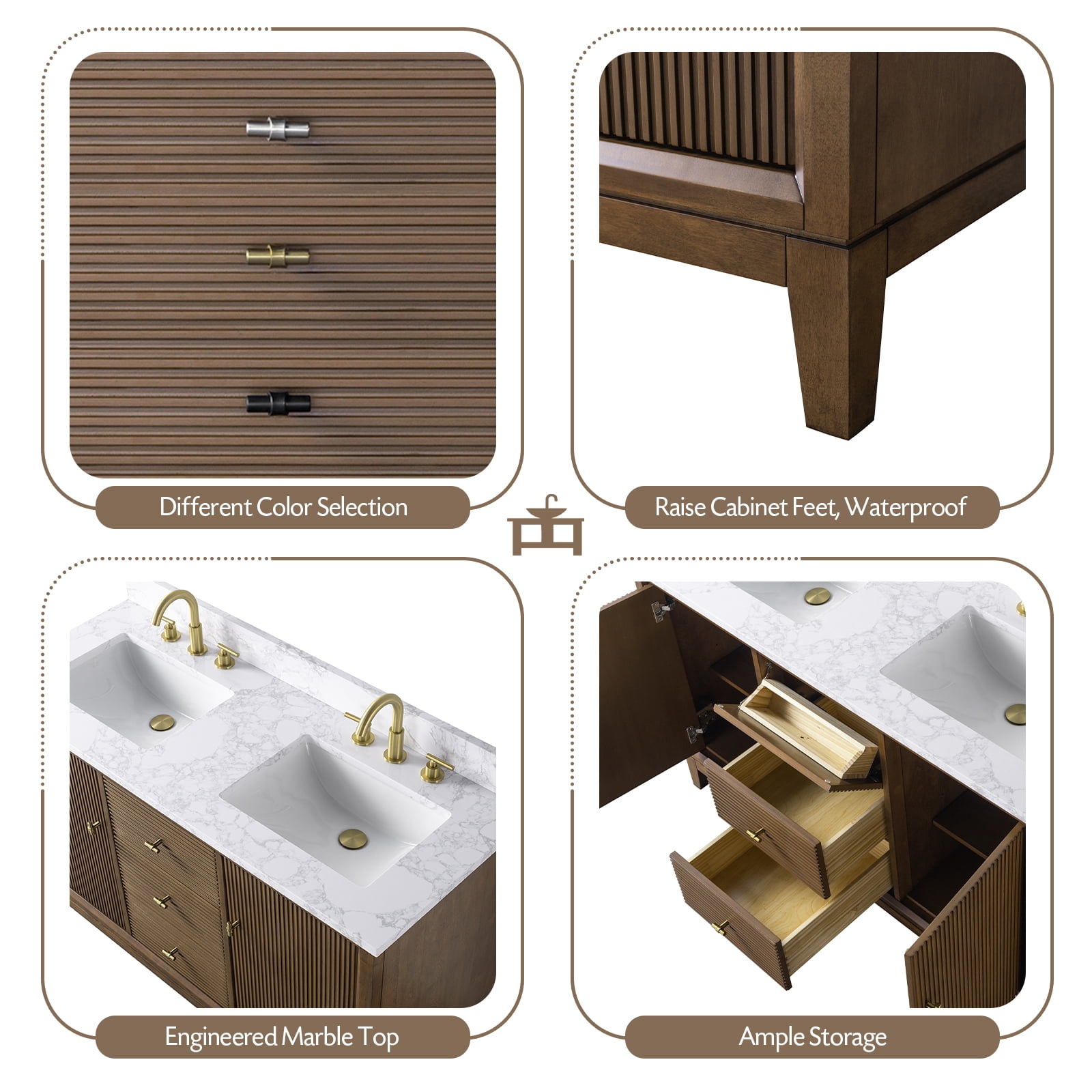 Vanity Art 54" Bathroom Vanity with Sinks and Engineered Marble Top, Freestanding Storage Cabinet with 2 Drawers, 2 Shelves and 1 Flip Down Tray