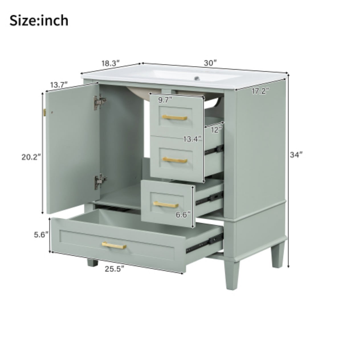 30" Bathroom Vanity with Ceramic Sink, Freestanding Bathroom Cabinet, Soft Close Door, 3 Drawers, Solid Wood Frame, Sage Green