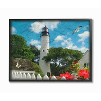 The Stupell Home Decor Collection Key West Light House with Picket Fence Butterfly and Seagull Framed Giclee Texturized Art