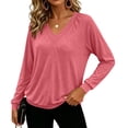 thumbnail image 3 of Vivianyo HD Women's V-neck Raglan Pullover Tops, Cuffed Long Sleeve Soft Knit Casual Shirts for Women, Women's Pink, Sizes S-2XL, 3 of 5