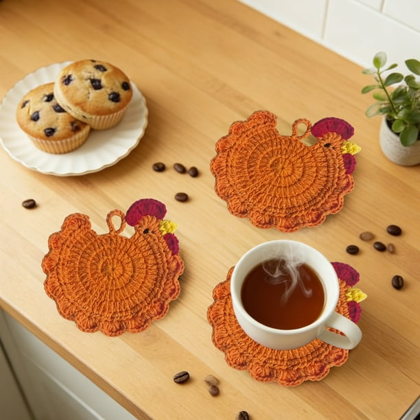 Posavasos De Pollito Tejidos A Mano Al Crochet Posavasos de pollito naranja tejidos a mano en crochet, accesorios para té, regalo, juego de 1 JASKFLY