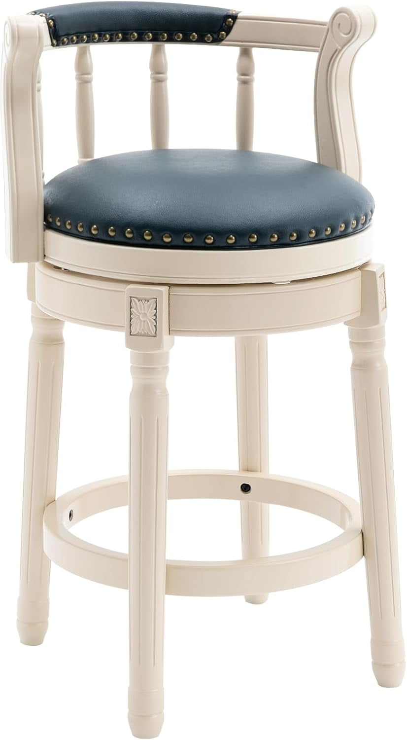 Aulife Bar Stools Genuine Leather Counter Height barstool Wooden Swivel kitchen Stool with Footrest for Kitchen Dining Room(ivory frame-Navy seat, Counter-26" seat height)