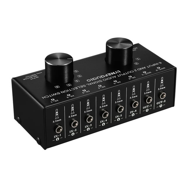 6-In-2-Out Audio Switcher Two-Way Audio Signal Selector Box Splitter Distributor with 3.5mm Audio Input & Output Jacks