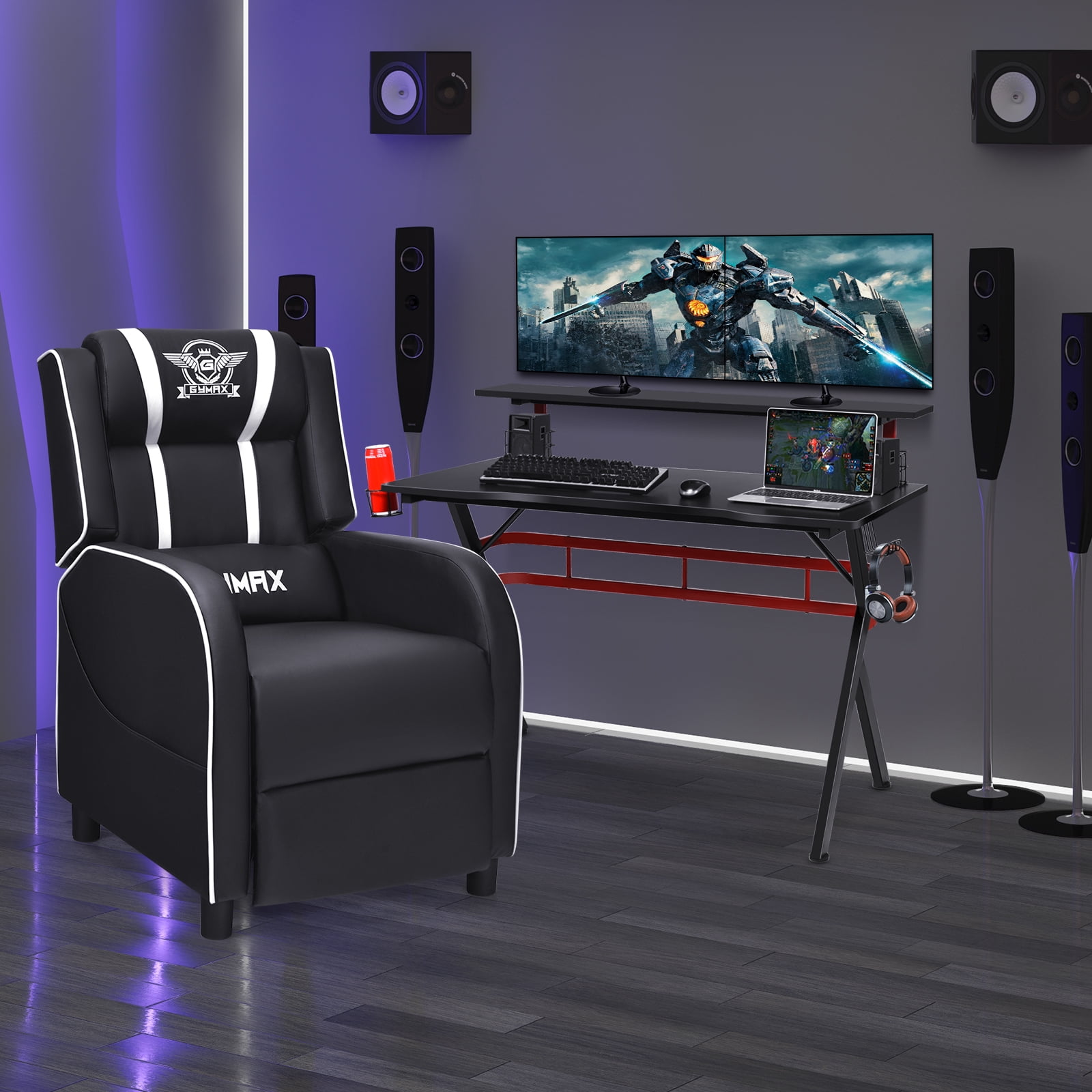 Costway Gaming Desk & Chair Set 48'' Computer Desk & Massage Recliner Chair Black + White