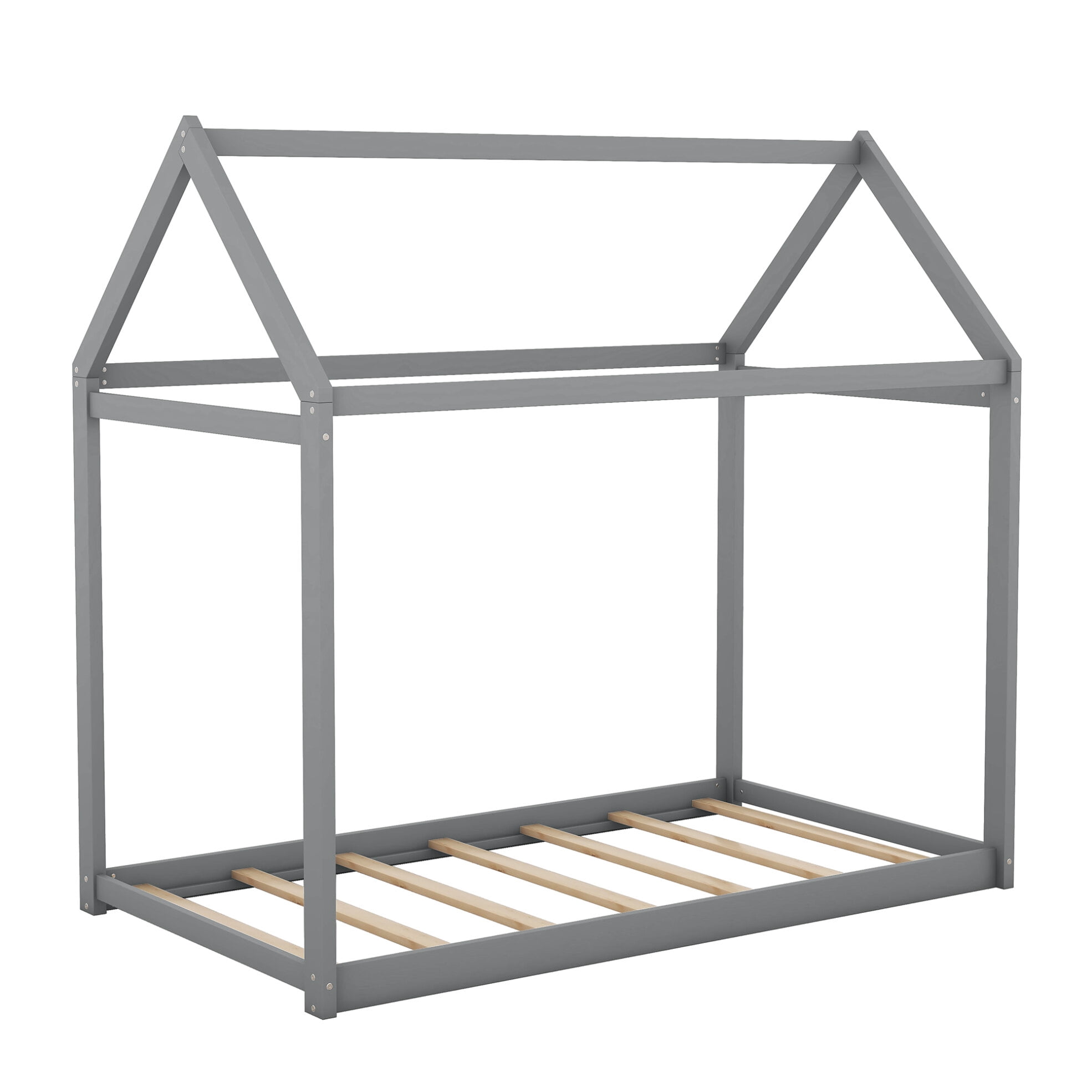 Twin House Bed, Wood Montessori Bed Frame with House Roof Canopy, Low Floor Bed with Sturdy Wood Slat Support for Kids Boys Girls, 400LBS Weight Capacity, No Box Spring Needed, Gray