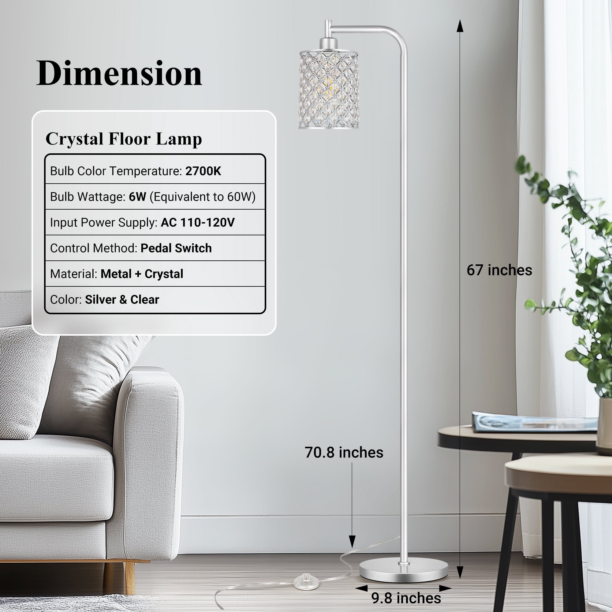 67” Industrial Floor Lamp for Living Room, Modern Standing Lamp with Crystal Lampshade Tall Lamp for Bedroom Study Room, Silver