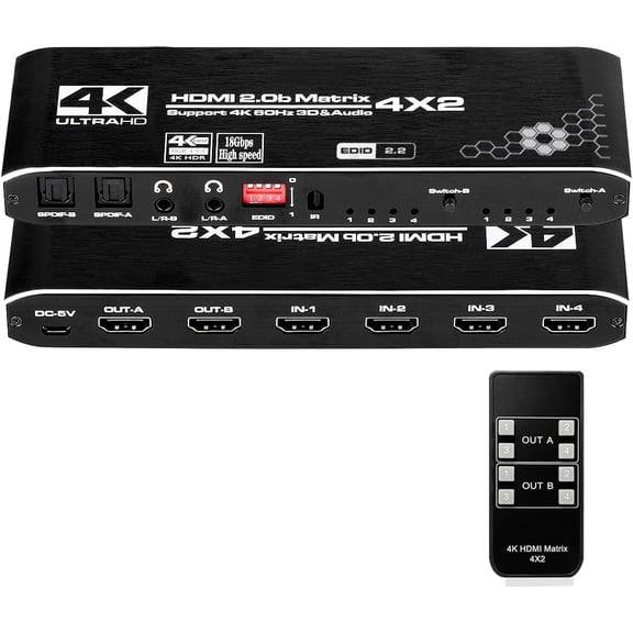 HDMI Matrix Switch 4x2, 4K HDMI Matrix Switcher Splitter 4 in 2 Out Box with EDID Extractor and IR Remote Control Support 4K HDR, HDMI 2.0b, HDCP 2.2, 4K@60Hz, 3D, 1080P