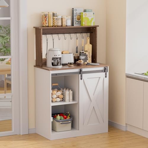 Farmhouse Coffee Bar Cabinet with Storage, 50 Inch Buffet Cabinet with Hutch, Customizable Storage with Barn Door Style, Coffee Bar Table with 6 Hooks for Living Dining Room, White$$Furniture