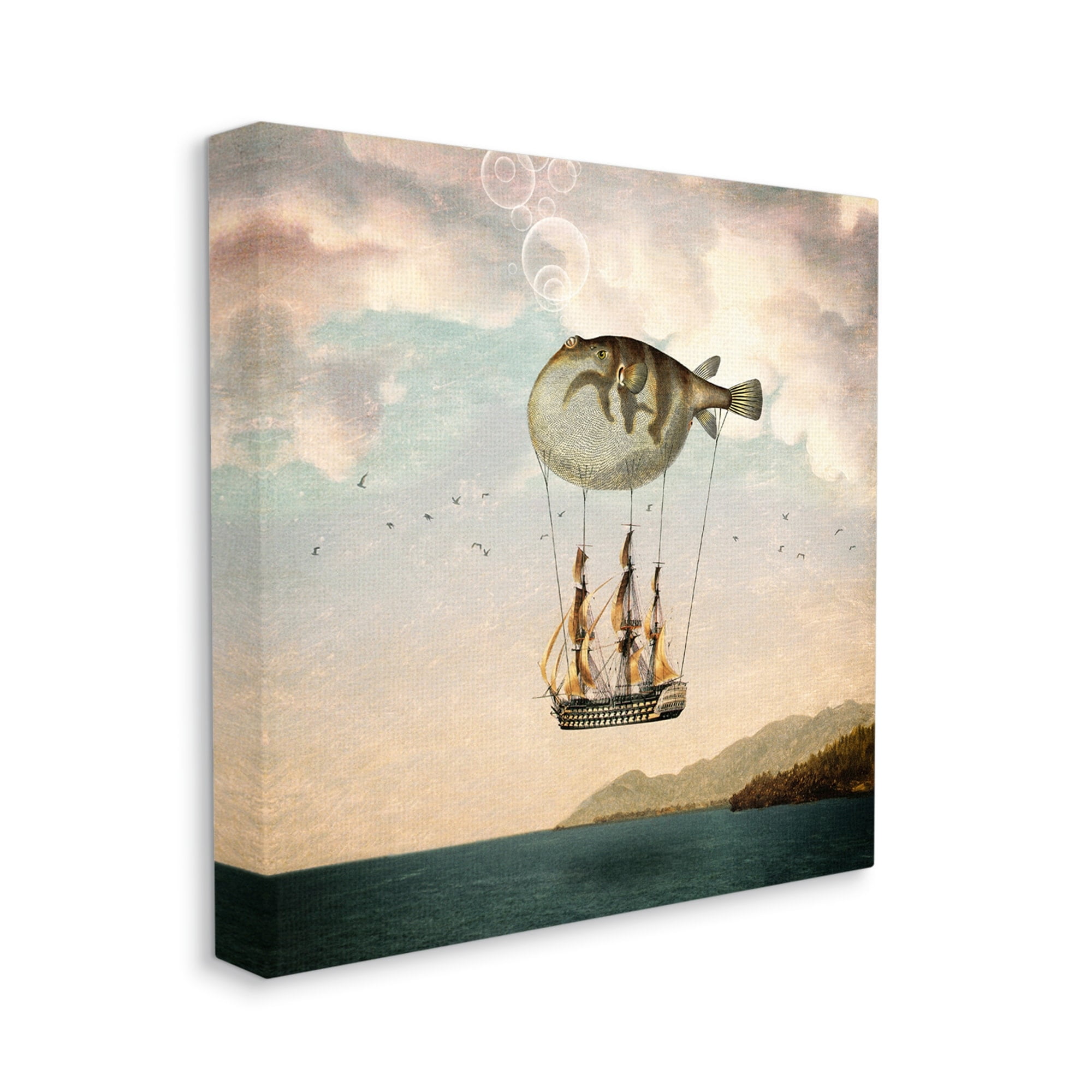 Stupell Industries Surreal Puffer Fish Hot Air Balloon Cloudy Lakeside Canvas Wall Art, 24 x 24, Design by Paula Belle Flores