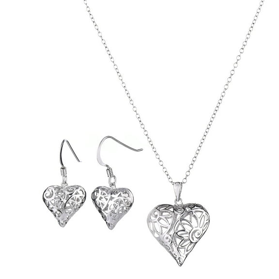 Sterling Silver Heart Drop Earrings and Pendant Necklace Set